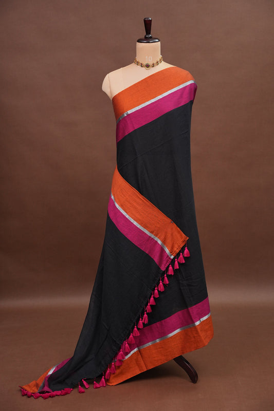 Mulmul Cotton Saree with Tassels - Black & Pink