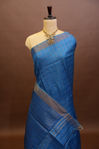 Pure Tussar Silk Saree with Handpainted Blouse-Blue|Silk Mark Certified