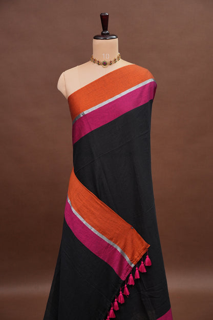 Mulmul Cotton Saree with Tassels - Black & Pink