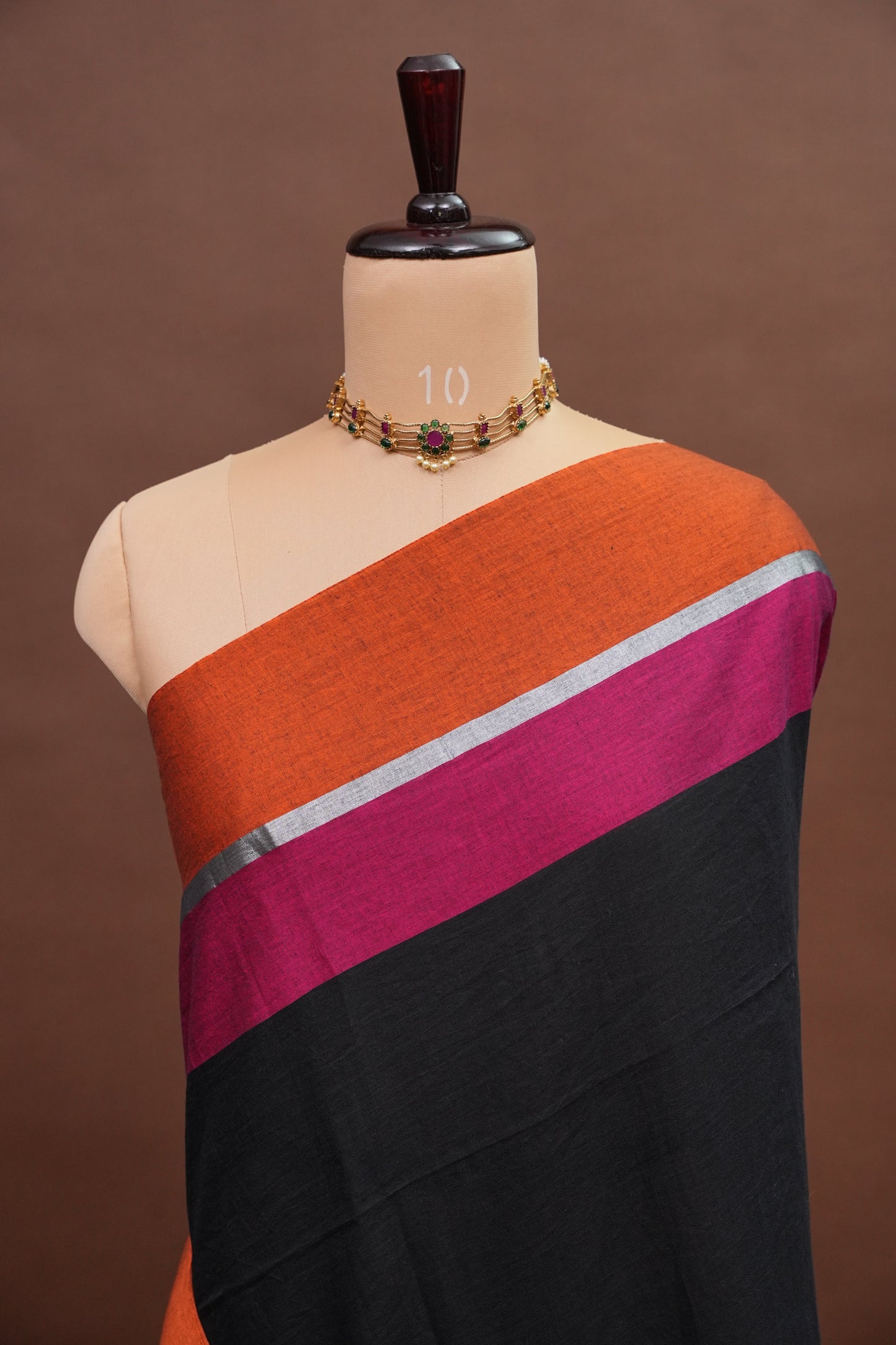 Mulmul Cotton Saree with Tassels - Black & Pink