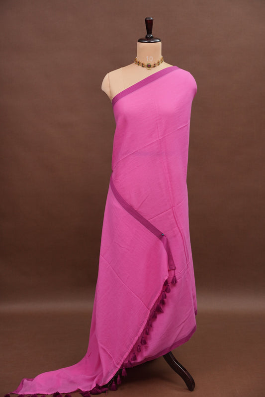 Mulmul Cotton Saree with Tassels - Pink