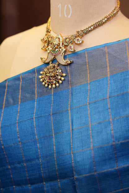 Pure Tussar Silk Saree with Handpainted Blouse-Blue|Silk Mark Certified