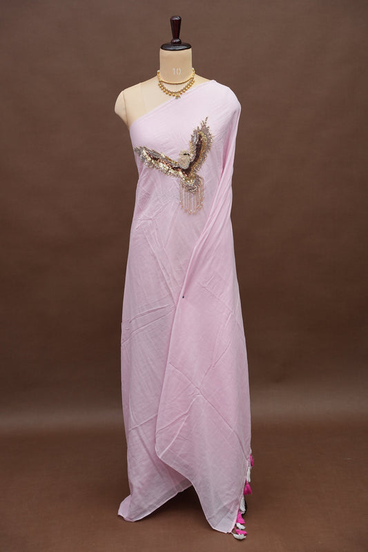 Blush Pink Mul Mul Cotton Party Wear Saree with Handcrafted Flying Eagle Embellishment