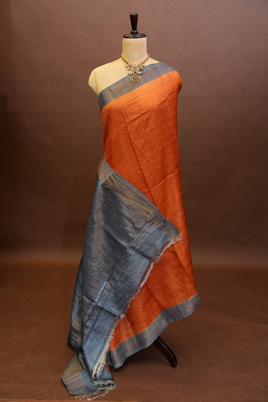 Pure Tussar Silk Saree with Handpainted Blouse-Orange|Silk Mark Certified