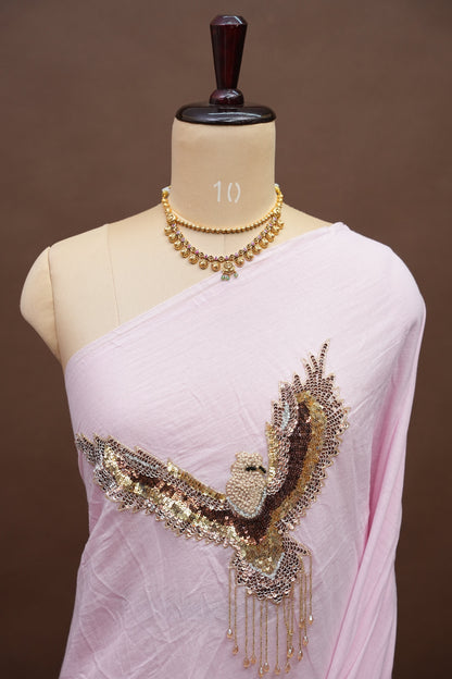 Blush Pink Mul Mul Cotton Party Wear Saree with Handcrafted Flying Eagle Embellishment