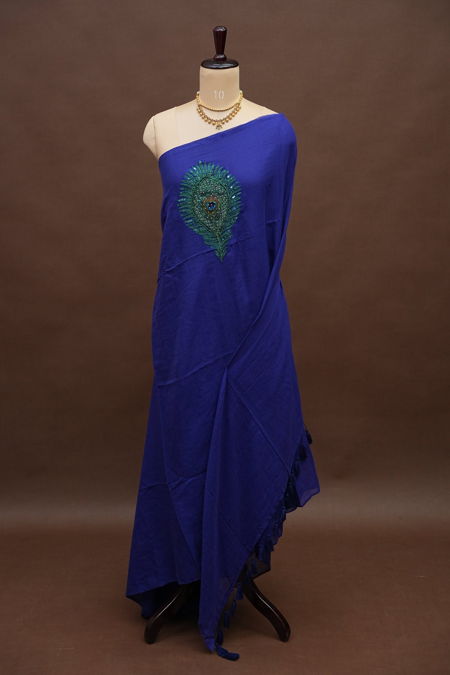 Royal Blue Mul Mul Cotton Party Wear Saree with Handcrafted Peacock Feather Embellishment