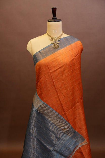 Pure Tussar Silk Saree with Handpainted Blouse-Orange|Silk Mark Certified