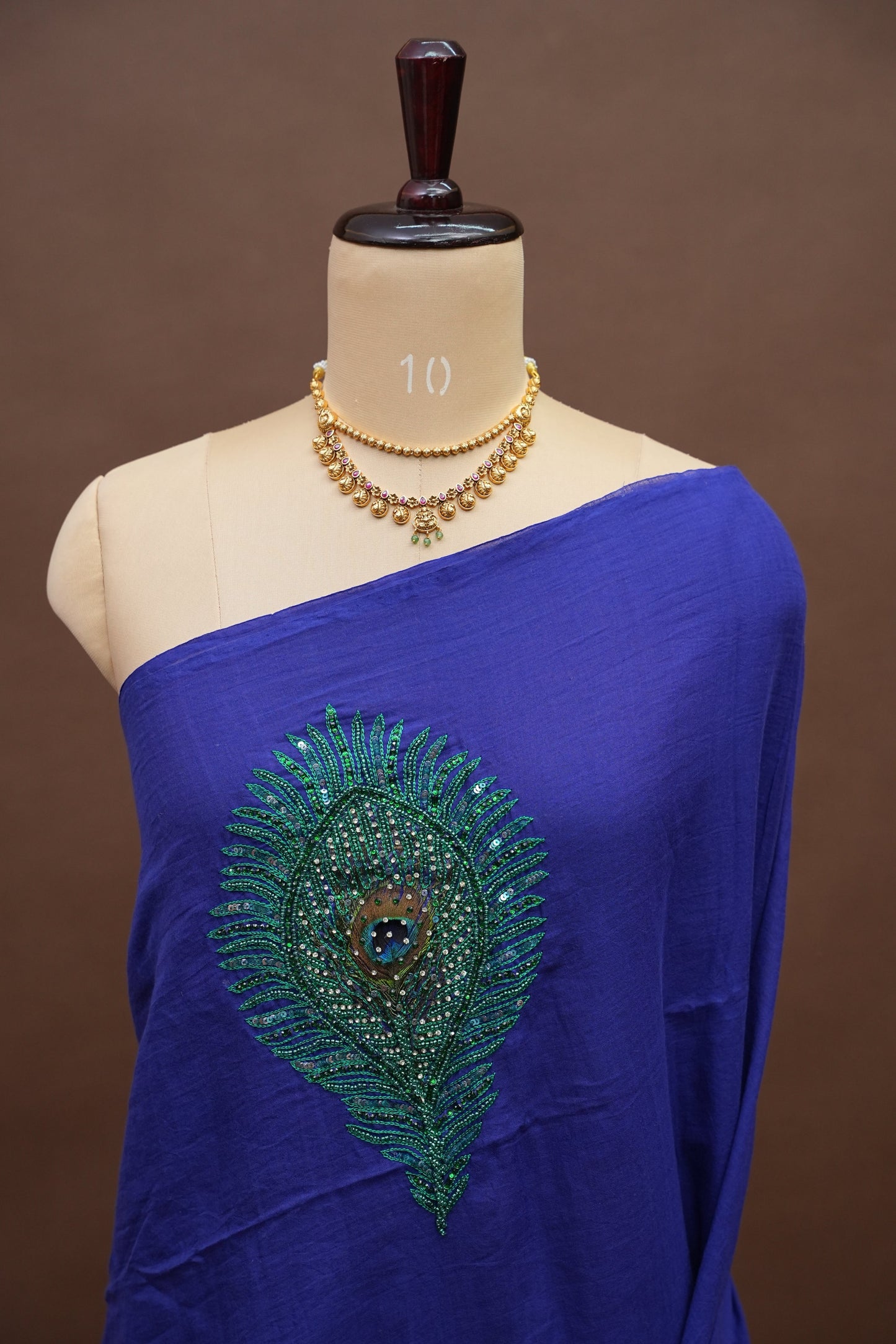 Royal Blue Mul Mul Cotton Party Wear Saree with Handcrafted Peacock Feather Embellishment