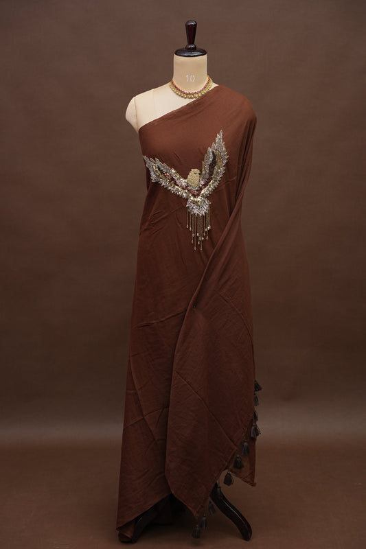 Chocolate Brown Mul Mul Cotton Party Wear Saree with Handcrafted Flying Eagle Embellishment