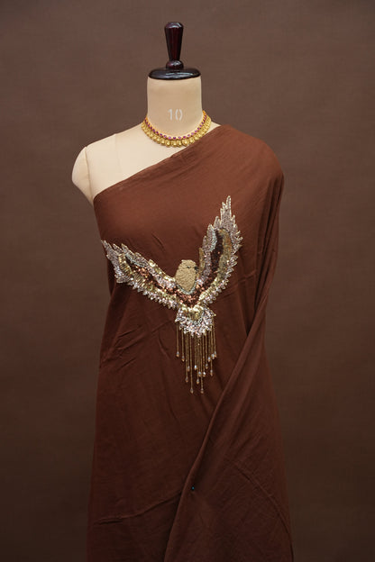 Chocolate Brown Mul Mul Cotton Party Wear Saree with Handcrafted Flying Eagle Embellishment