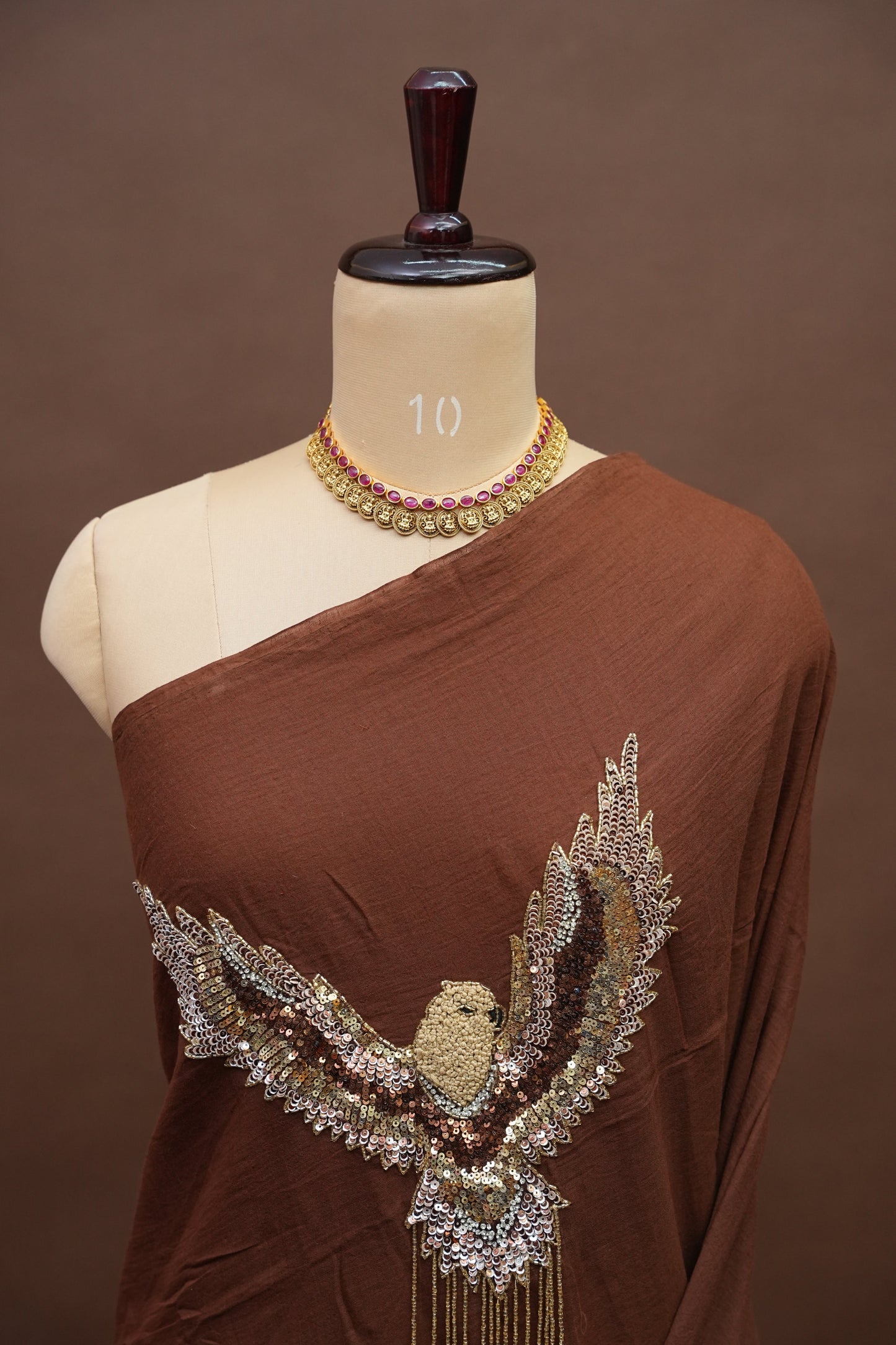 Chocolate Brown Mul Mul Cotton Party Wear Saree with Handcrafted Flying Eagle Embellishment