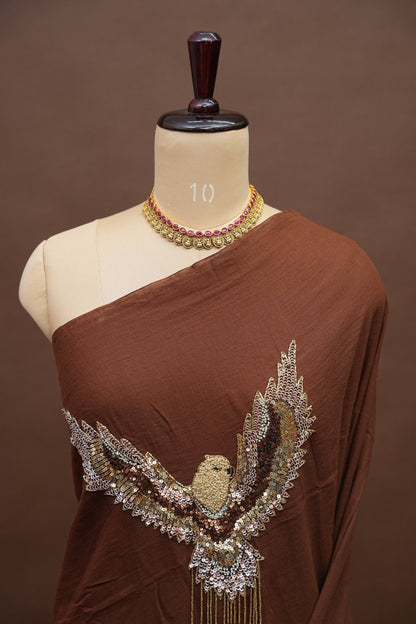 Chocolate Brown Mul Mul Cotton Party Wear Saree with Handcrafted Flying Eagle Embellishment