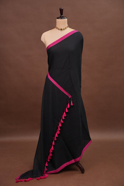 Mulmul Cotton Saree with Tassels - Black