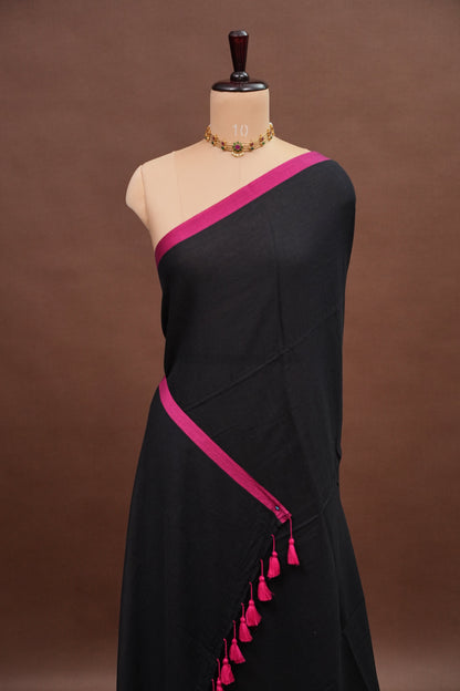 Mulmul Cotton Saree with Tassels - Black