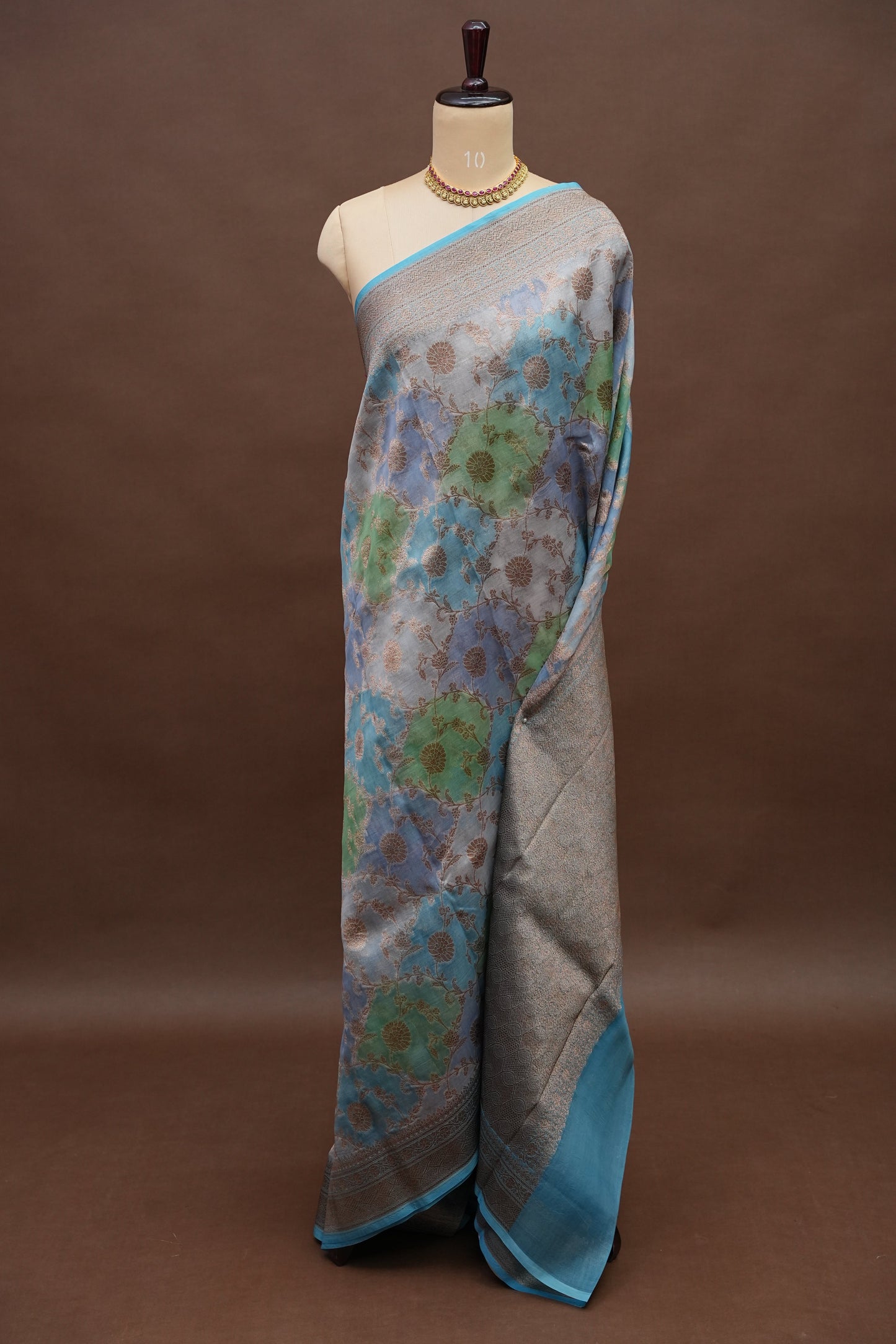 Pure Kora Banarasi Silk Saree with Floral Jaal Weaving – Sky Blue & Mint Green