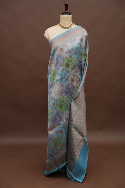 Pure Kora Banarasi Silk Saree with Floral Jaal Weaving – Sky Blue & Mint Green