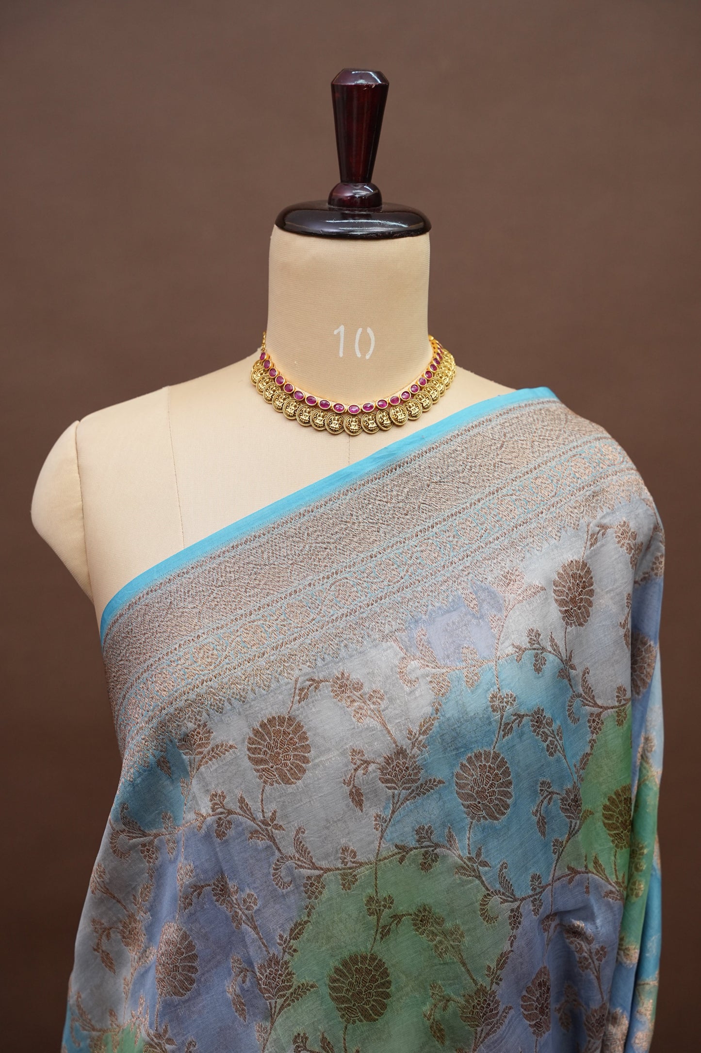 Pure Kora Banarasi Silk Saree with Floral Jaal Weaving – Sky Blue & Mint Green