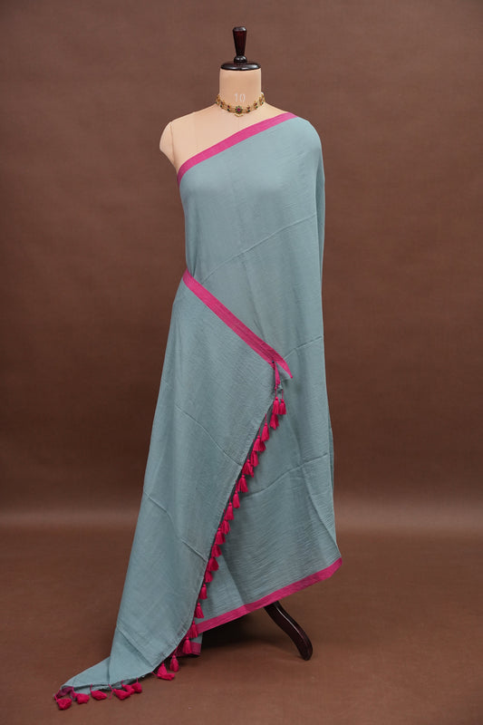 Mulmul Cotton Saree with Tassels - Steel Blue & Pink