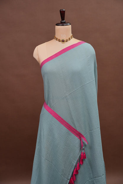 Mulmul Cotton Saree with Tassels - Steel Blue & Pink