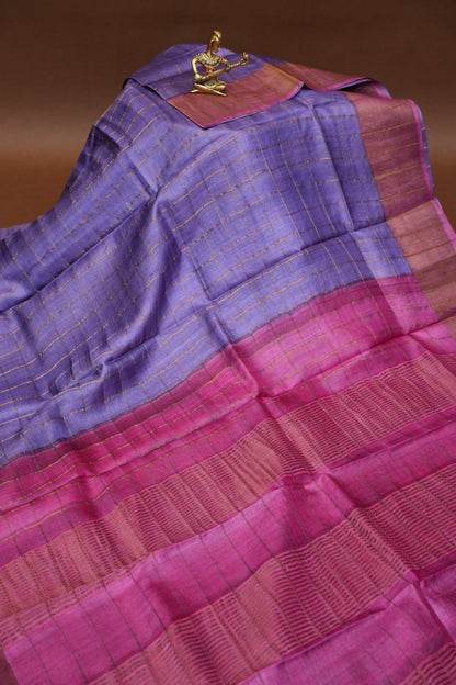 Pure Tussar Silk Saree with Handpainted Blouse-Purple|Silk Mark Certified