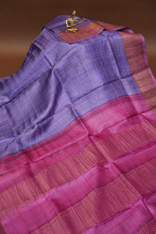Pure Tussar Silk Saree with Handpainted Blouse-Purple|Silk Mark Certified