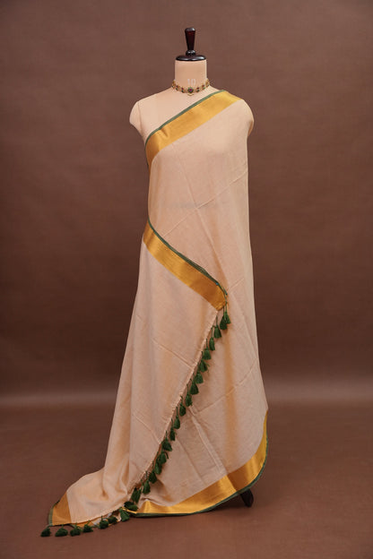 Mulmul Cotton Saree with Tassels - Beige