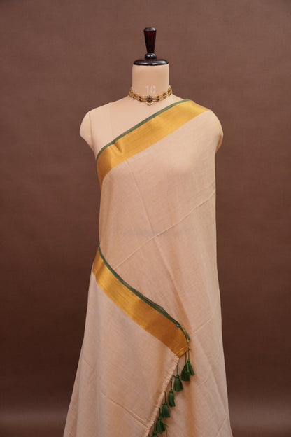 Mulmul Cotton Saree with Tassels - Beige