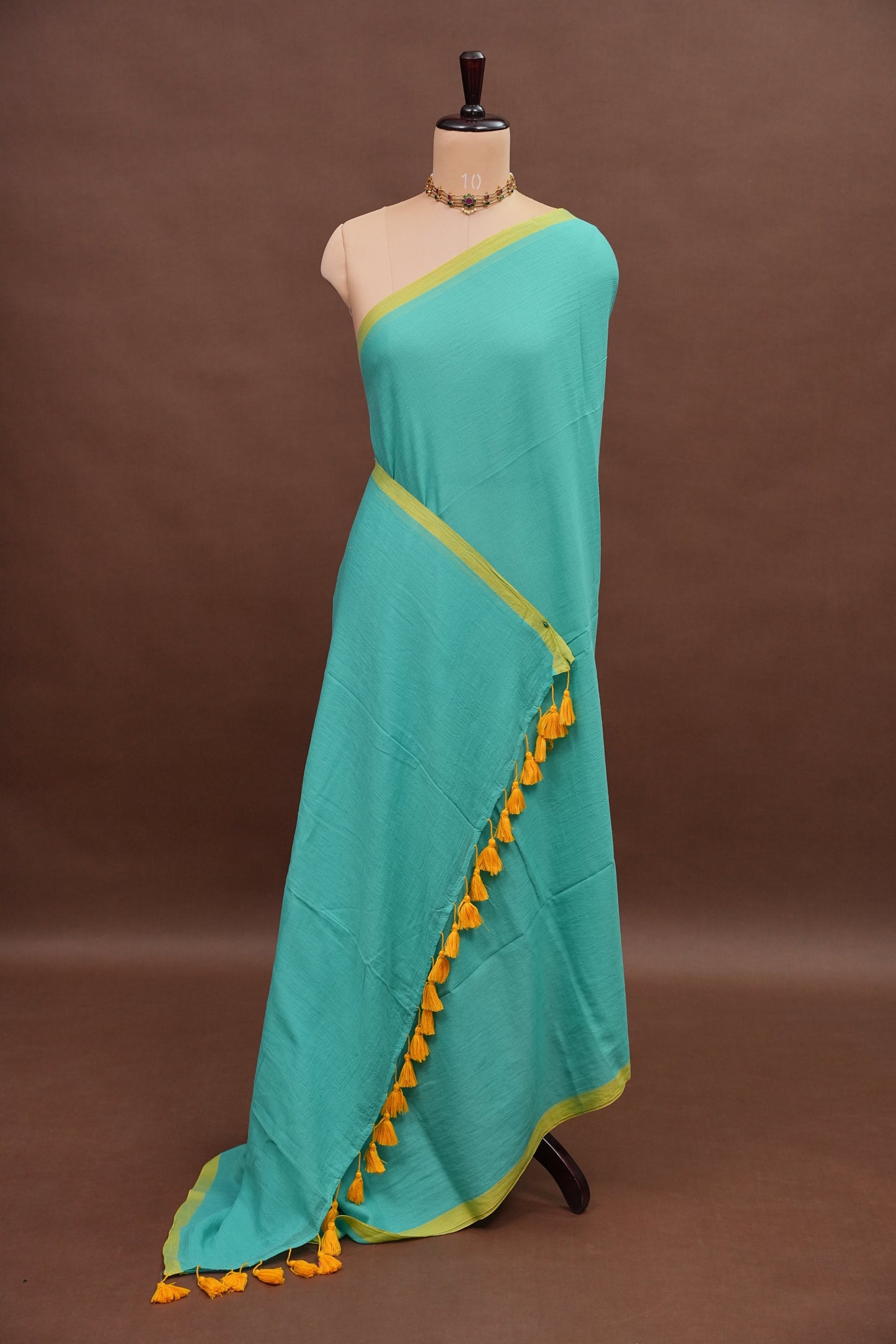 Mulmul Cotton Saree with Tassels - Turquoise