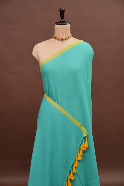 Mulmul Cotton Saree with Tassels - Turquoise