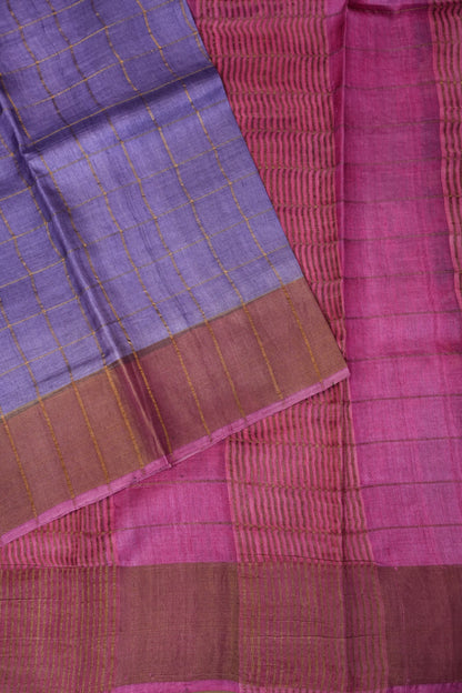 Pure Tussar Silk Saree with Handpainted Blouse-Purple|Silk Mark Certified