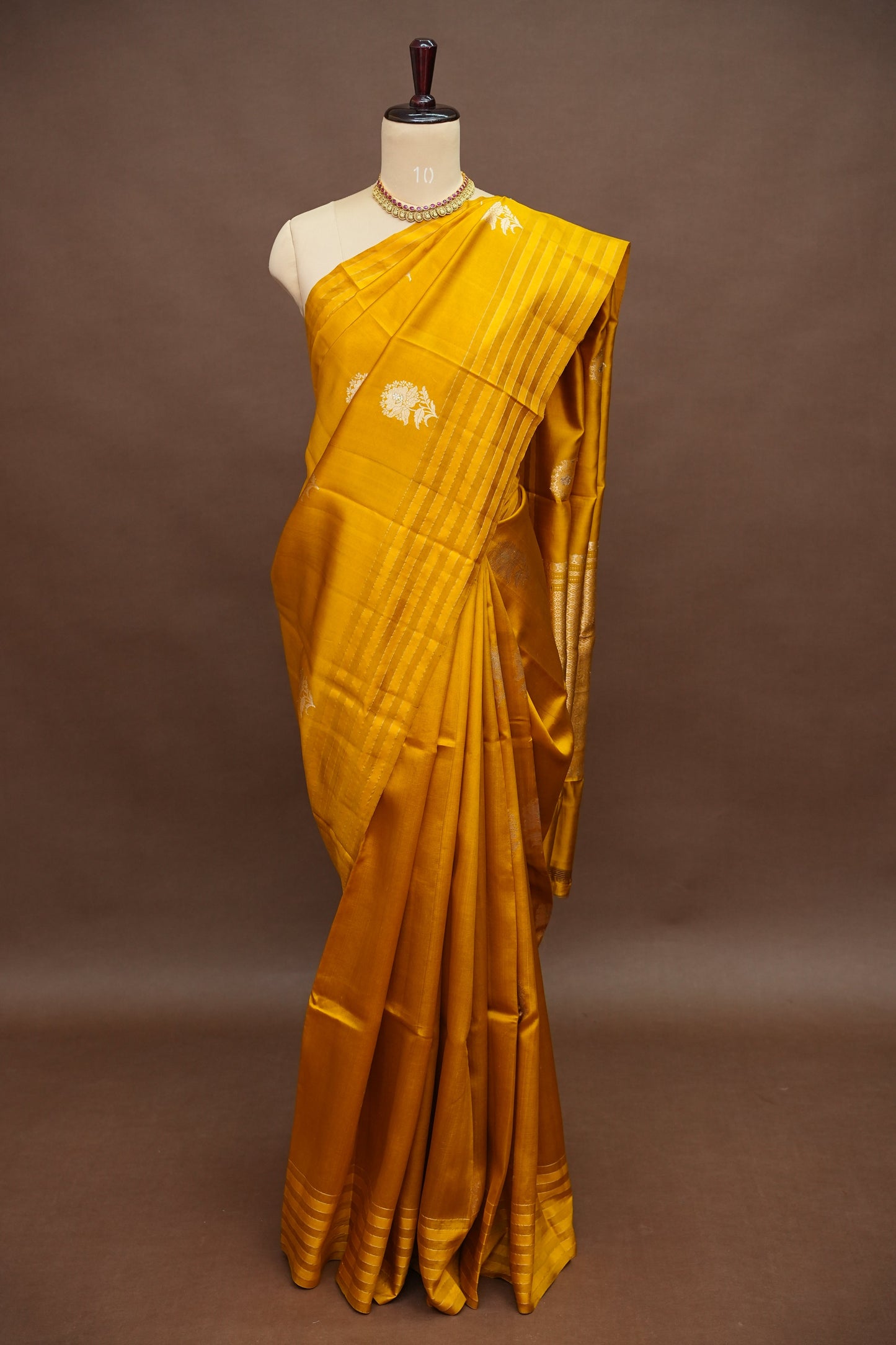 PURE MANGO SILK SAREE – MUSTARD GOLD WITH FLORAL ZARI BUTTAS