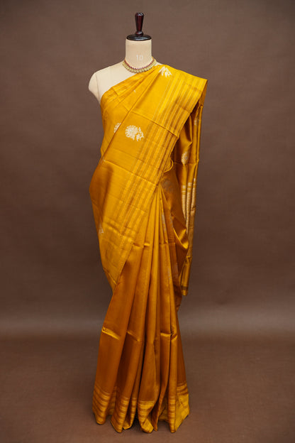 PURE MANGO SILK SAREE – MUSTARD GOLD WITH FLORAL ZARI BUTTAS