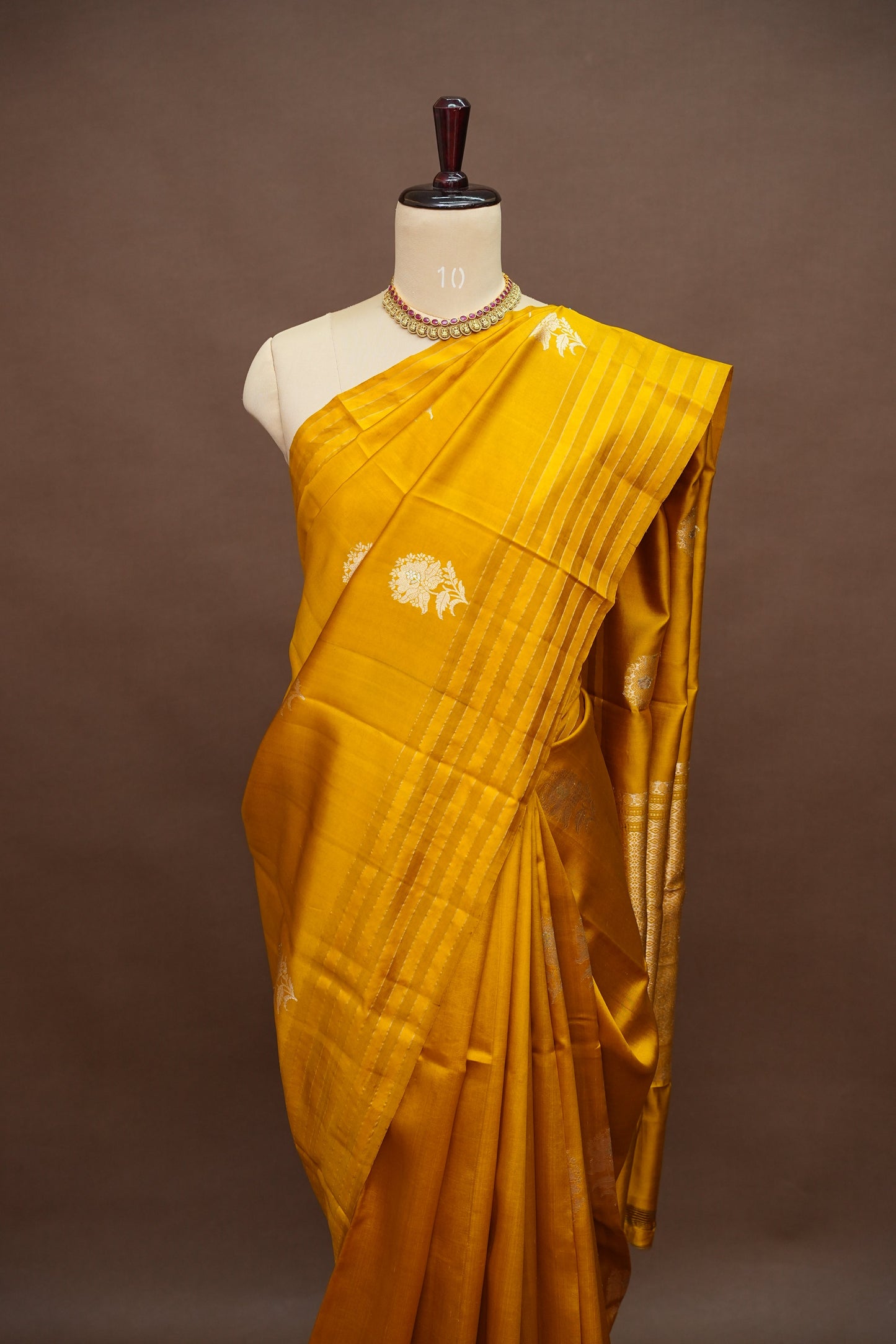 PURE MANGO SILK SAREE – MUSTARD GOLD WITH FLORAL ZARI BUTTAS