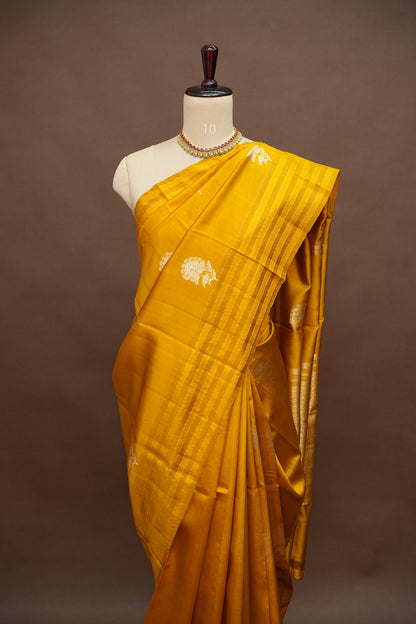 PURE MANGO SILK SAREE – MUSTARD GOLD WITH FLORAL ZARI BUTTAS