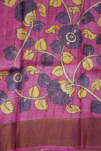 Pure Tussar Silk Saree with Handpainted Blouse-Purple|Silk Mark Certified