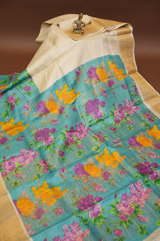 Floral Printed Pure Tussar Silk Saree-Half white|Silk Mark Certificate