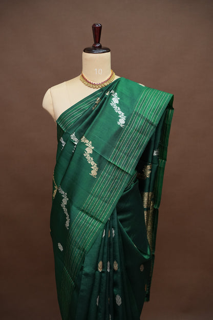 PURE MANGO SILK SAREE – EMERALD GREEN WITH FLORAL ZARI VINES