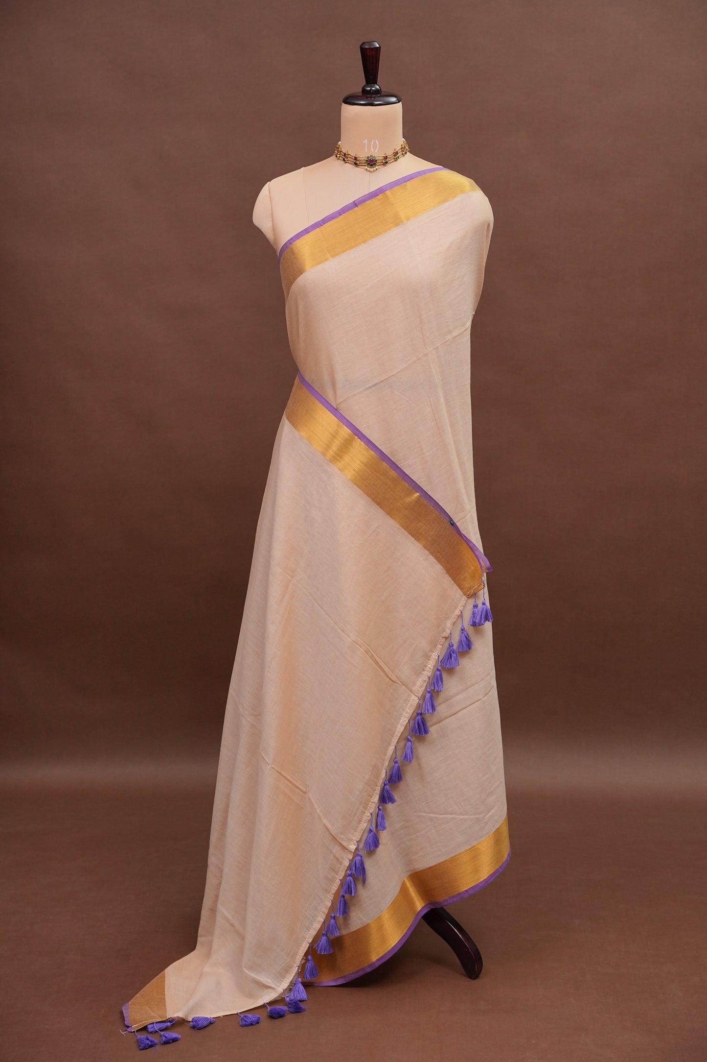 Mulmul Cotton Saree with Tassels - Beige