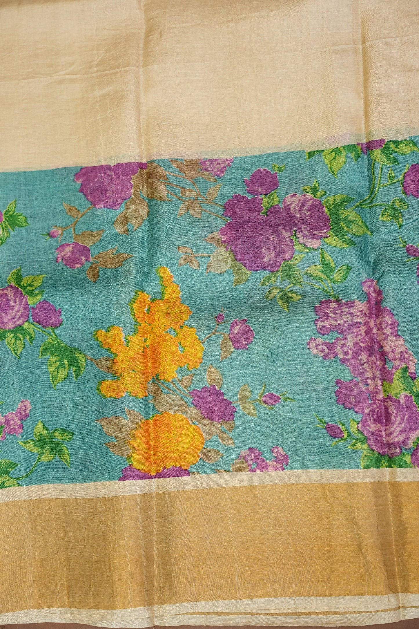 Floral Printed Pure Tussar Silk Saree-Half white|Silk Mark Certificate