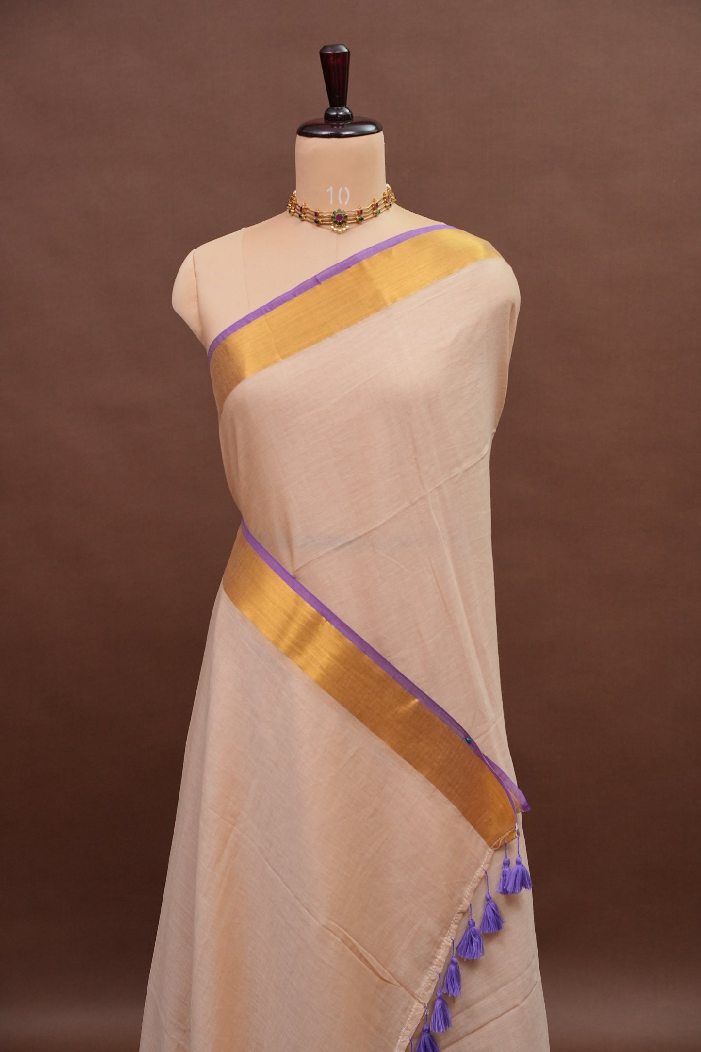 Mulmul Cotton Saree with Tassels - Beige