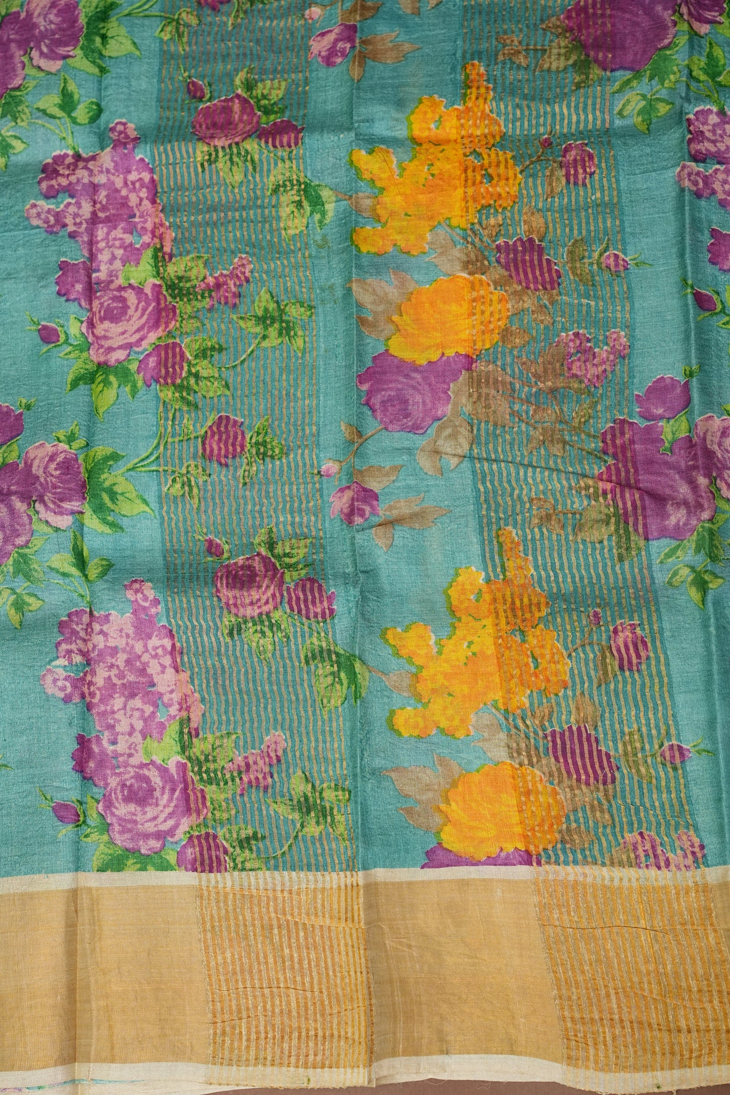 Floral Printed Pure Tussar Silk Saree-Half white|Silk Mark Certificate