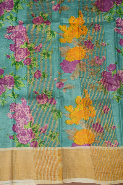 Floral Printed Pure Tussar Silk Saree-Half white|Silk Mark Certificate