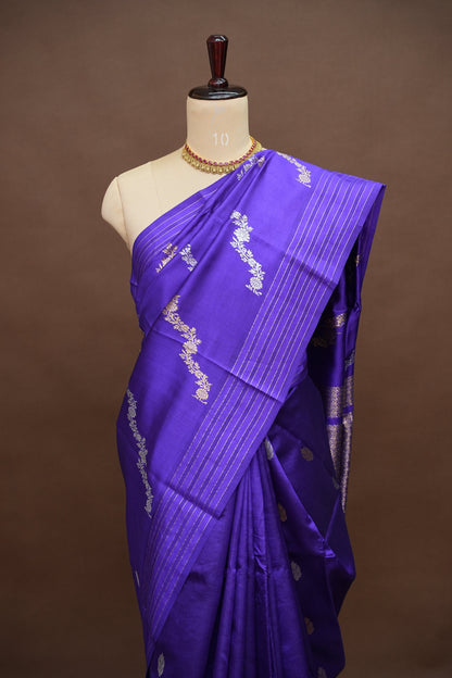Pure Mango Silk Saree – Regal Violet with Floral Zari Vines & Rich Gold Zari Pallu