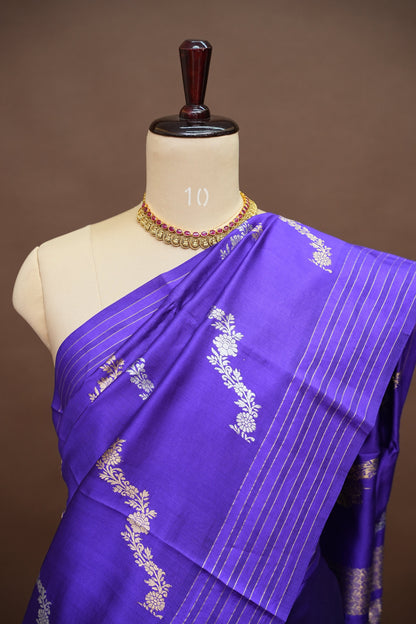 Pure Mango Silk Saree – Regal Violet with Floral Zari Vines & Rich Gold Zari Pallu