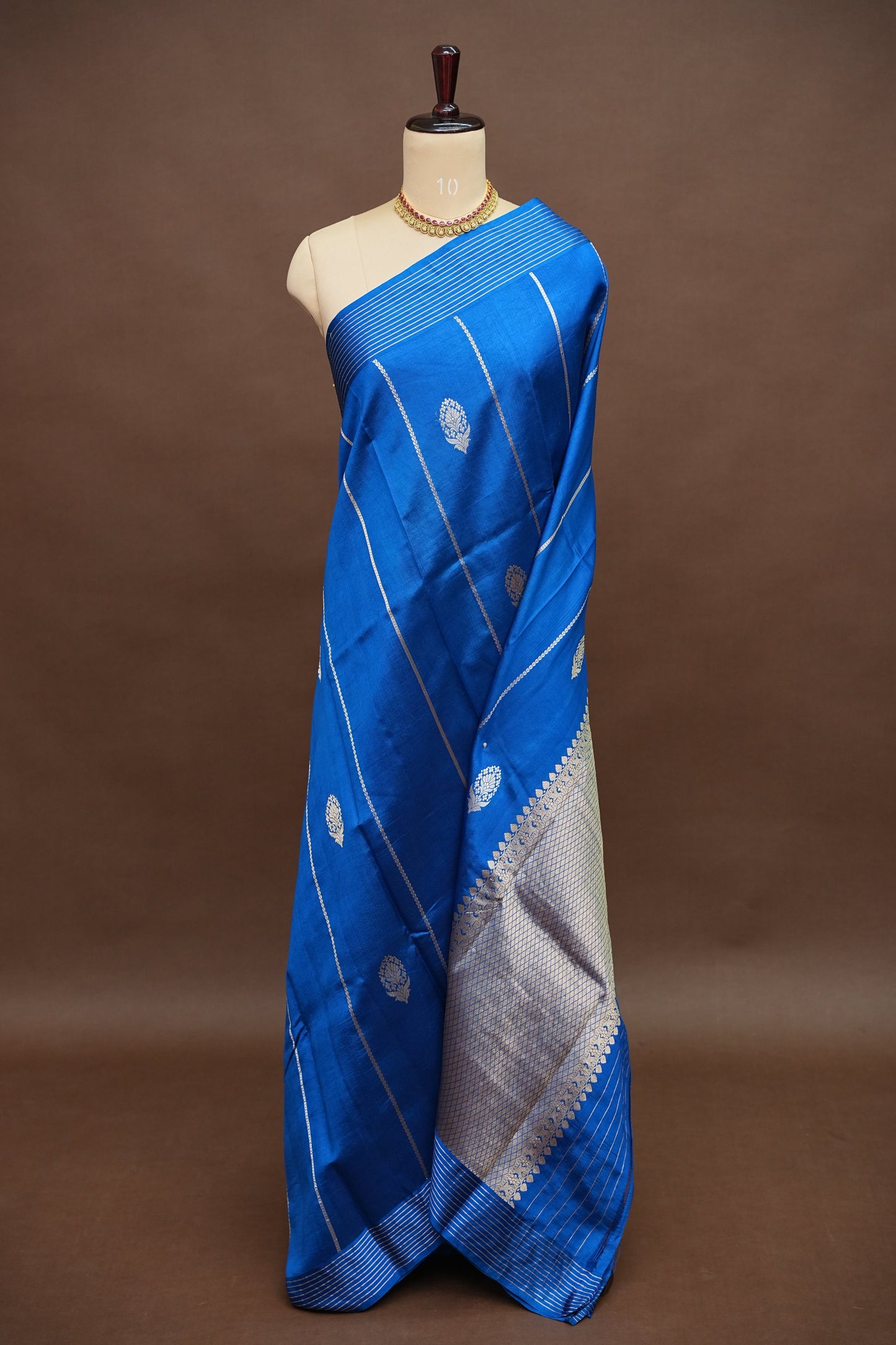 Pure Mango Silk Saree – Royal Blue with Silver-Gold Zari Motifs & Rich Gold Zari Pallu