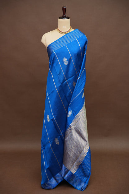 Pure Mango Silk Saree – Royal Blue with Silver-Gold Zari Motifs & Rich Gold Zari Pallu