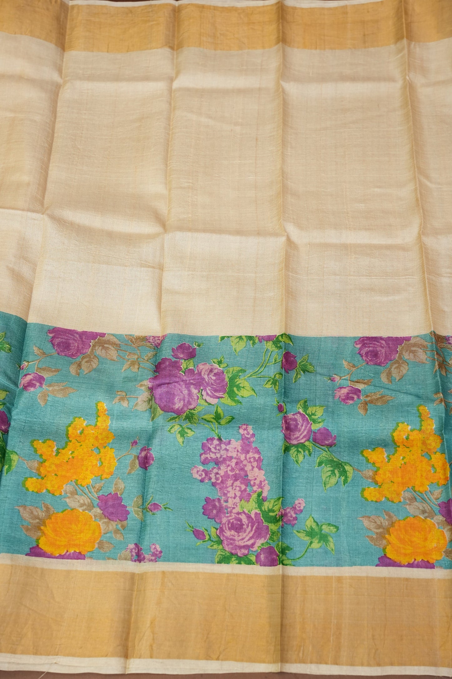 Floral Printed Pure Tussar Silk Saree-Half white|Silk Mark Certificate