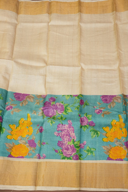Floral Printed Pure Tussar Silk Saree-Half white|Silk Mark Certificate