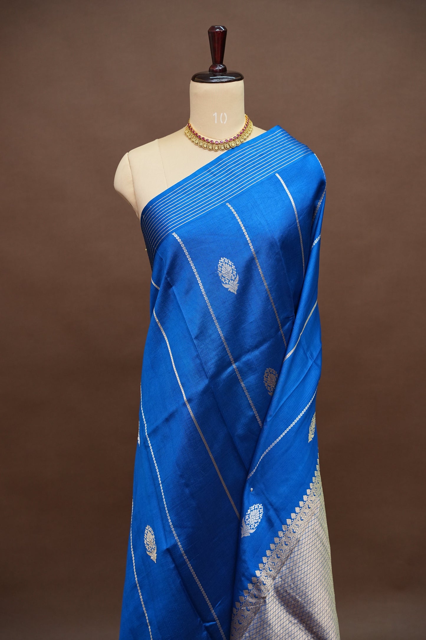 Pure Mango Silk Saree – Royal Blue with Silver-Gold Zari Motifs & Rich Gold Zari Pallu