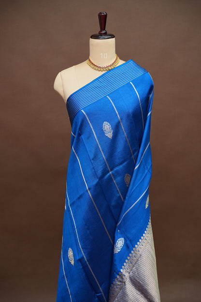 Pure Mango Silk Saree – Royal Blue with Silver-Gold Zari Motifs & Rich Gold Zari Pallu